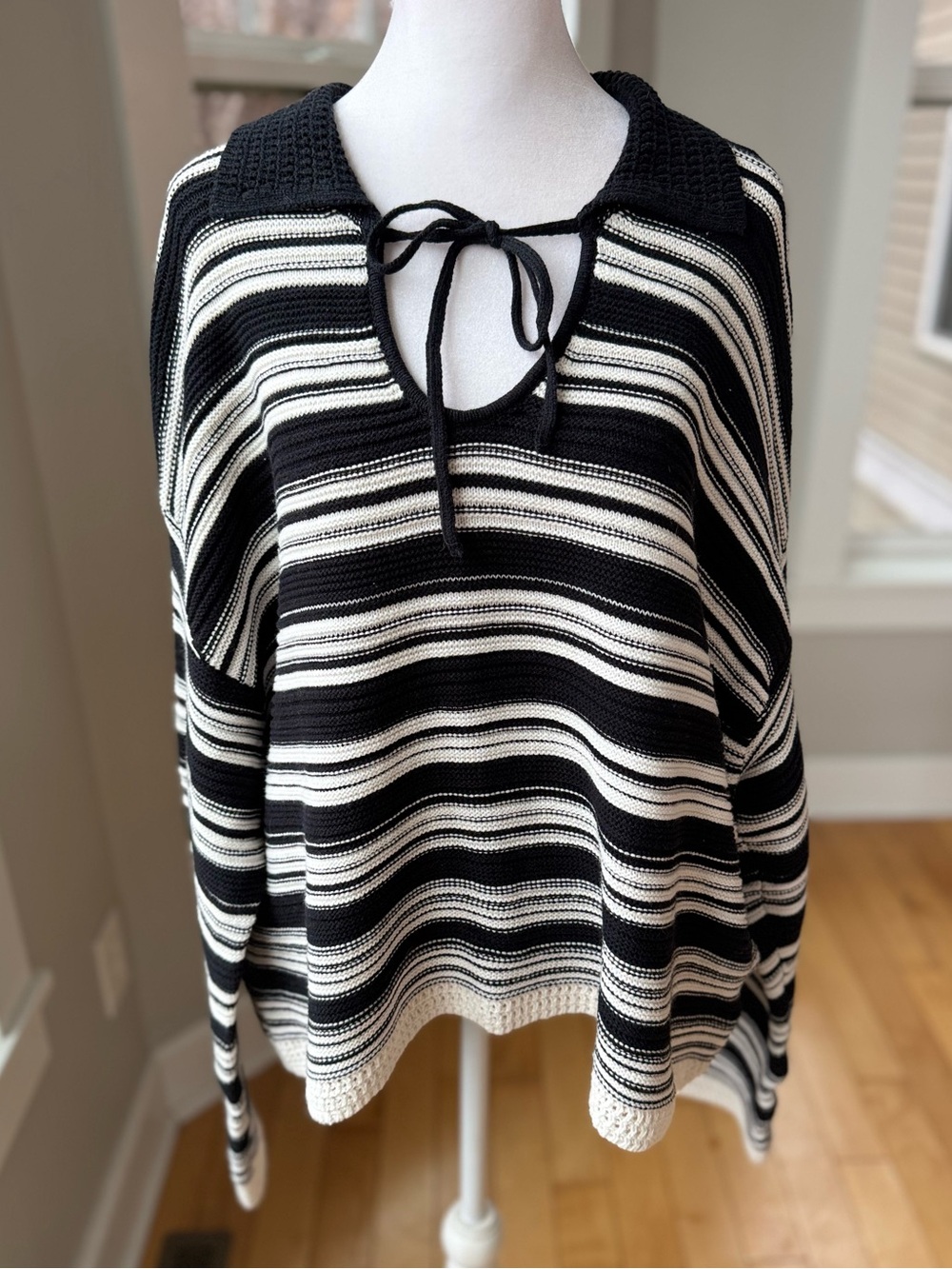 H&M Black and White Striped Tie-Neck Sweater Top Size XL